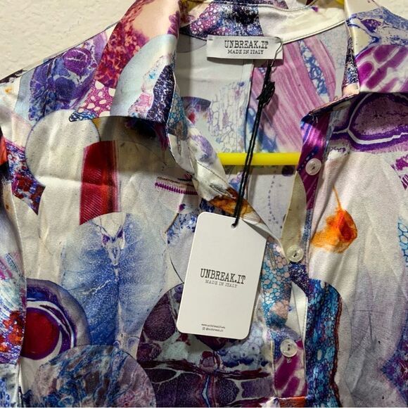 UNBREAK.IT Silk dress MARY MICROSCOPY  with 3/4 sleeves stand up collar D8 - Picture 4 of 12
